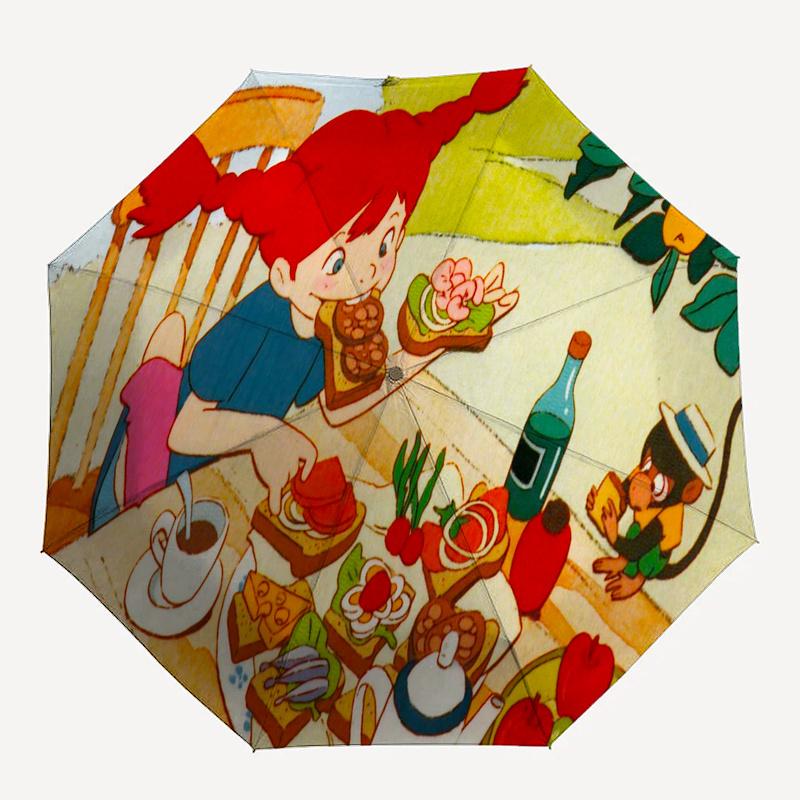 Pippi Longstocking Themed Travel Umbrella-8 Ribs Automatic Opening and Closing, Portable Folding Design, Compact and Stylish Umbrella Suitab