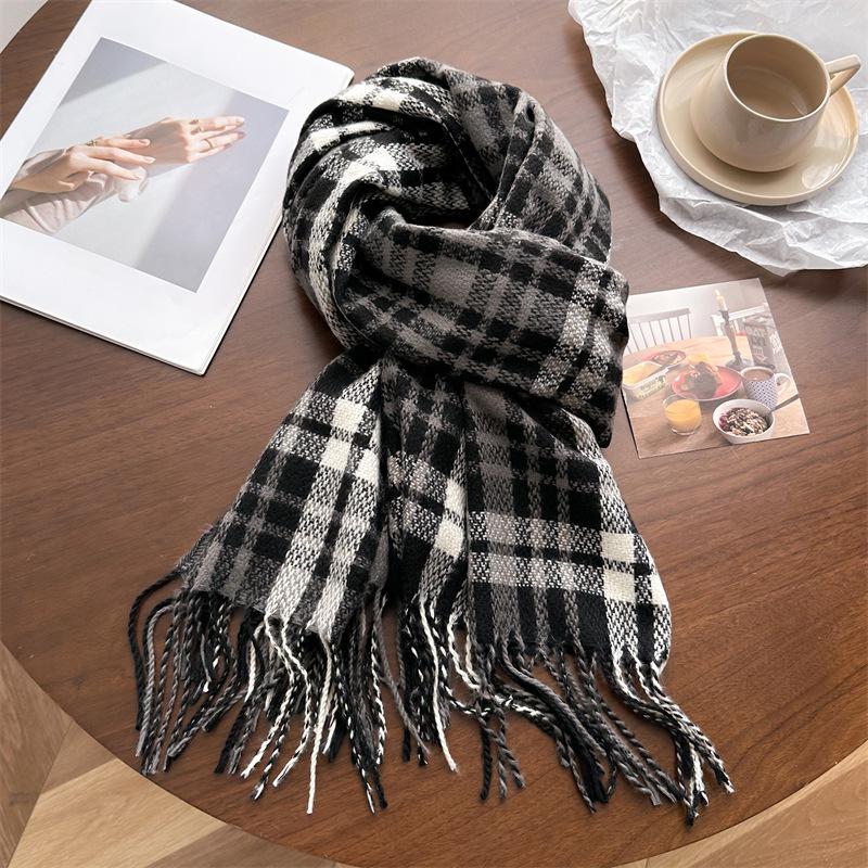 Unisex Korean Plaid Thick Winter Scarf with Tassels - Imitation Cashmere Shawl