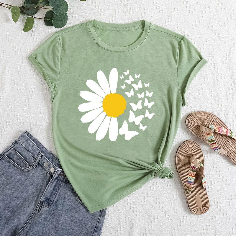 Summer Women's Daisy Butterfly Print Loose Round Neck Casual Pure Cotton Short Sleeved T-shirts Women's