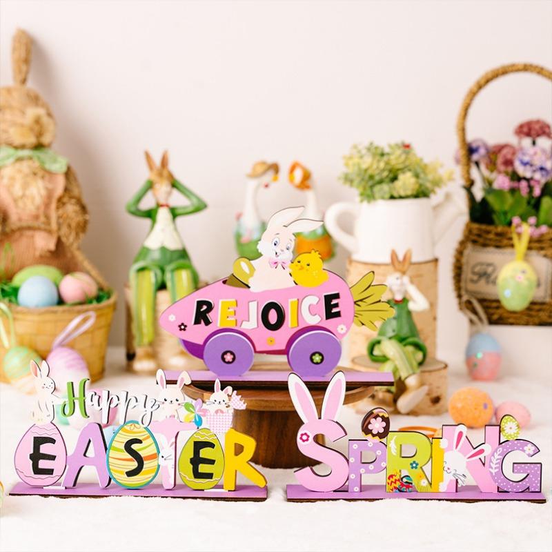 1PC Easter Ornament Rabbit Ornament Purple Wood Letter Decorative Egg Tabletop Ornament