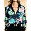European Style Satin Printed Long Sleeve Blouse, Women Lapel Collar Flowy Office Top