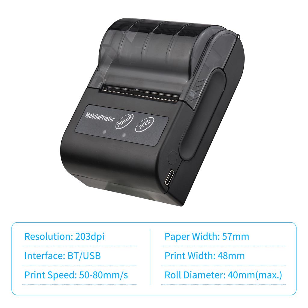 Mini Portable 2 Inch Thermal Printer 58mm Receipt Printer with 57mm Print Paper USB+Wireless BT Connection for Office