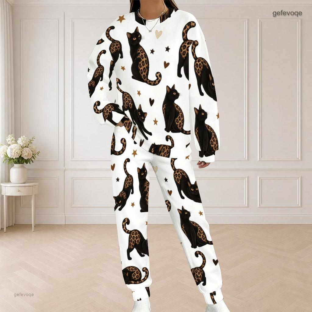 Women Plus Size White Printed Round Neck Long Sleeve Top And Long Pants Two Piece Set