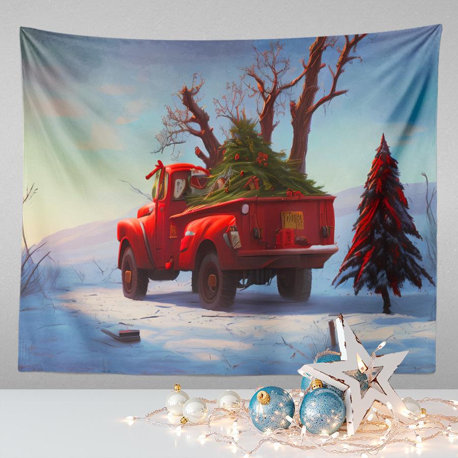Amazon Festive Hanging Cloth Christmas Background Cloth Printed Cartoon Christmas Tree Snowman Tapestry