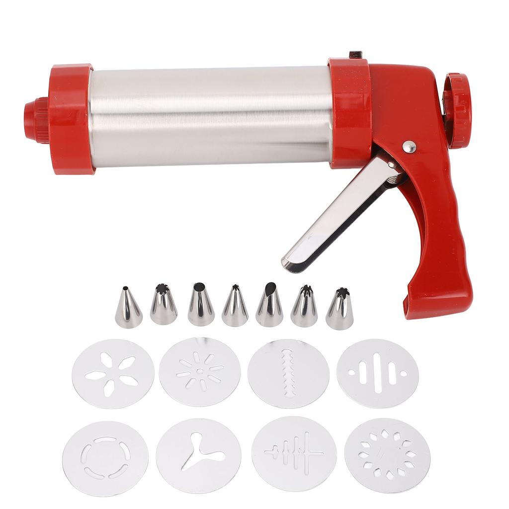 Kakepresse i rustfritt stålsett for baking med 8 kakeformer og 7 sprøytetipper for DIY-kjeks