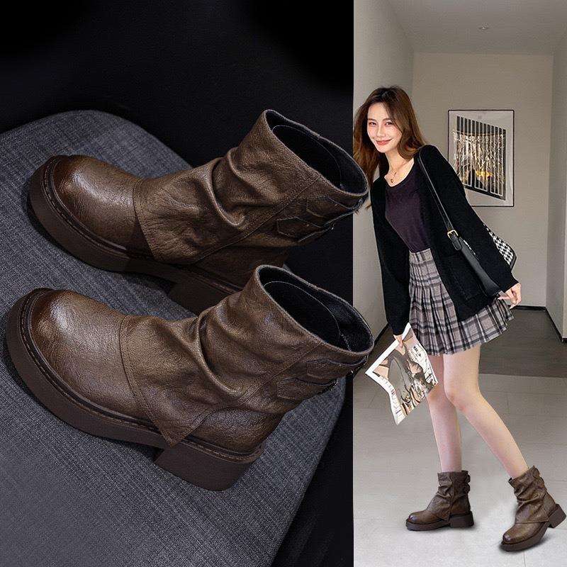 Short boots children's new autumn and winter pleated knight boots thick-soled trouser tube boots women's pile student boots