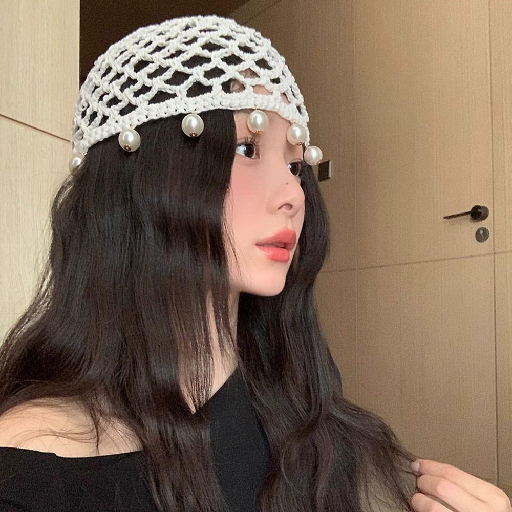 Pearl Fringed Crochet Hat Hollowed Out Beret Cap Breathable Beanies Cap  Bride Headpiece