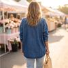 Women's Casual Half Zip Denim Shirt Loose Fit Long Sleeve Top