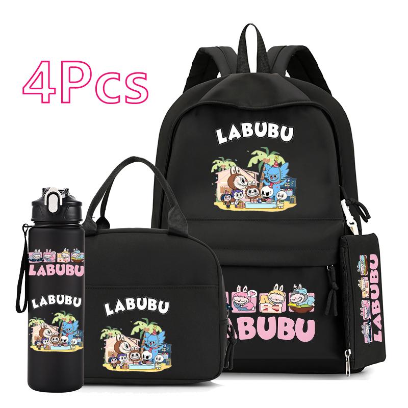 4Pcs/set Cute Anime Printed Backpack 750Ml Outdoor Sports Water Bottle Girl Boy Teen Student Schoolbag Child Kid Large Capacity Bookbag