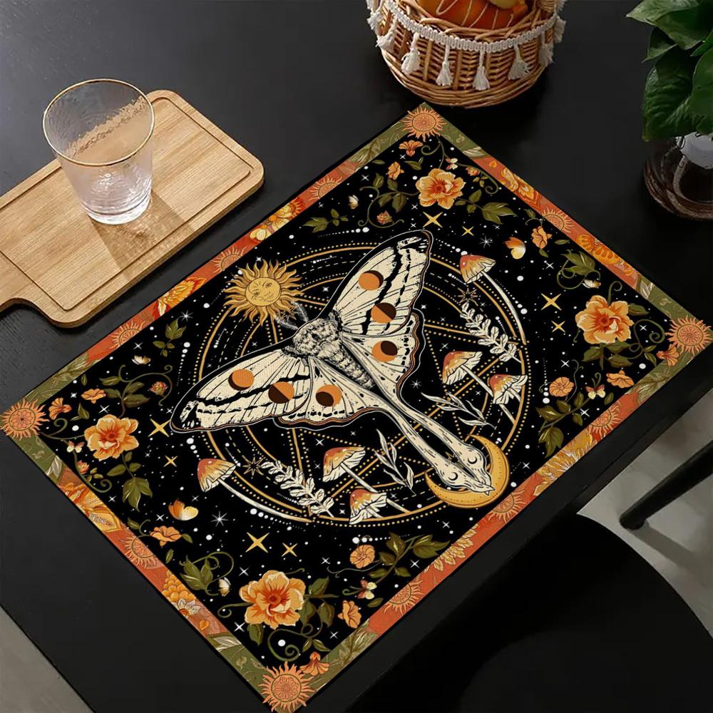 Bohemian Orange Moth Floral Retro Painting Placemats Washable Linen Placemats for Dining Table Kitchen Party Home Decor