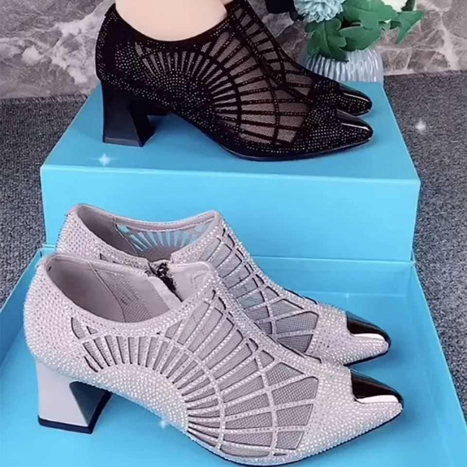 Módní letní podpatky pro ženy Dutá síťovina Módní Sexy Špičatá špička Dámské Jednoduché boty 2024 Dámské Klínky Černé Sandály Zapatos De Mujer