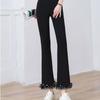Women Office Lady Black Flare Pants Patchwork Lace Polka Dot Elastic High Waist Slim Trousers