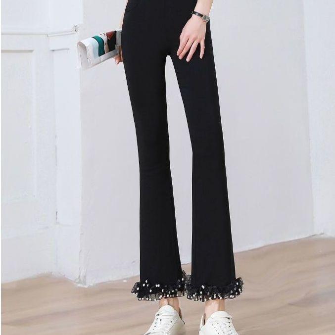 Women Office Lady Black Flare Pants Patchwork Lace Polka Dot Elastic High Waist Slim Trousers