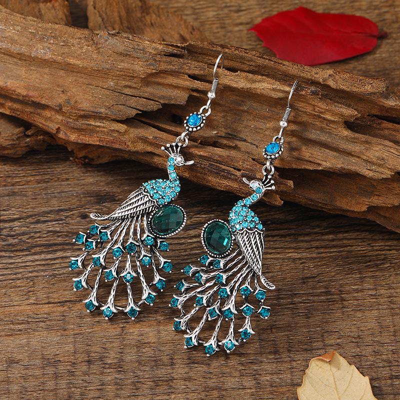 Bohemian Retro Peacock Tassel Earrings with Rhinestones