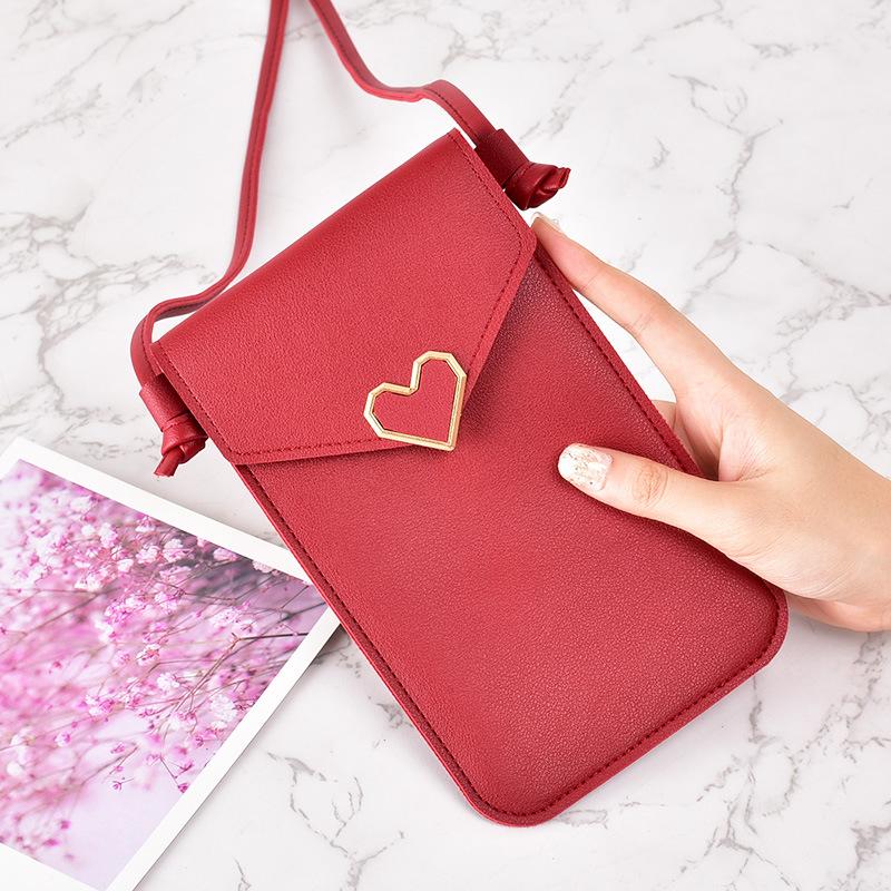 

Single shoulder diagonal buckle small bag, heart-shaped transparent touch screen simple vertical student phone bag красный