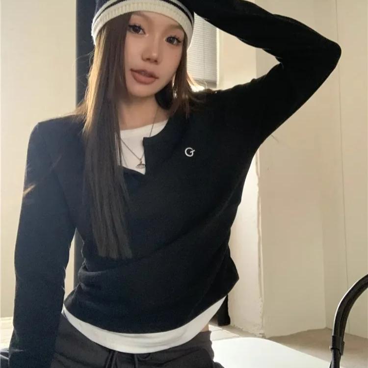 Long Sleeves Korean Fashion Style O-neck Tshirt for Women Fake Two Items T-shirts Ladies Top Tee Clothes