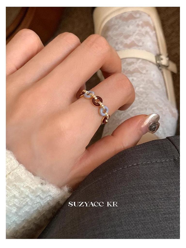 Suzyacc KR Vintage Rhinestone Drip Glaze Circle Ring - Women's High-End Niche Design Statement Piece