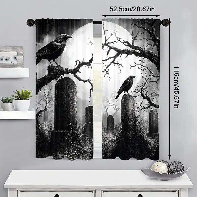 Zasłony z nadrukowanym wzorem sceny gotyckiego cmentarza na Halloween, dekoracje okienne, dekoracje domu, dekoracje pokoju