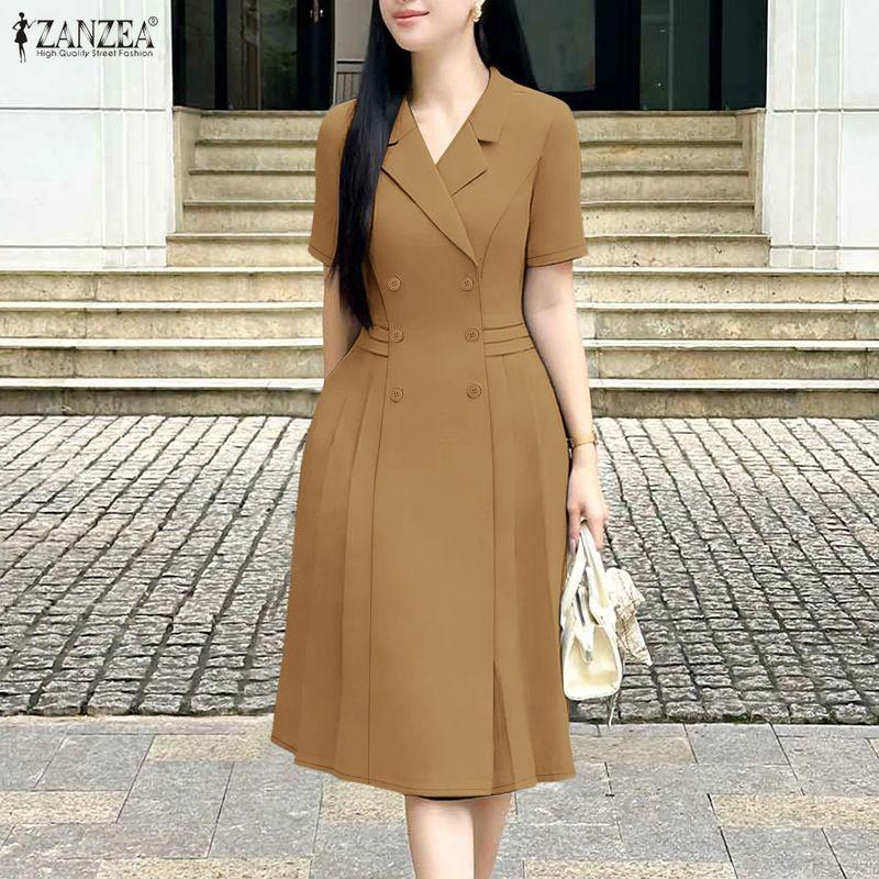 ZANZEA Vestido feminino casual gola virada para baixo verão manga curta