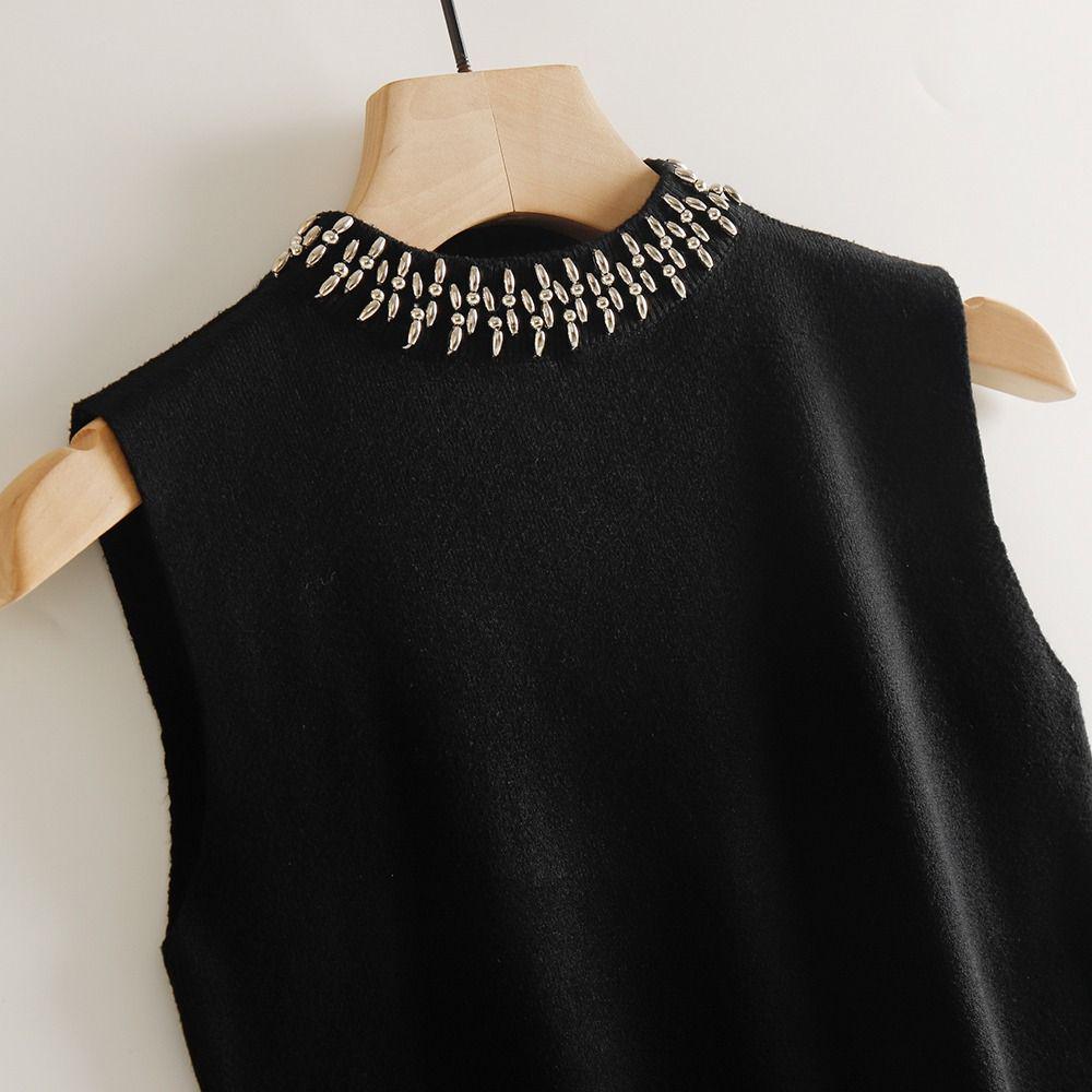 Gilet in Maglia Fatto a Mano Retrò Romantico con Perline ad Scollo Alto Senza Maniche per Donna Primavera/Estate 2026