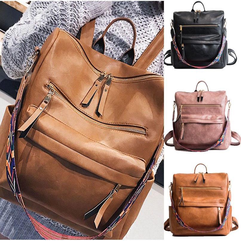 Wear-resistant Women's College Style Backpack In Pure Color Soft Pu Leather