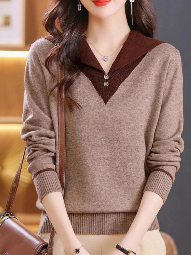 Nový stylový pletený svetr v barevných blocích - Dámský úzký top podzimní/zimní móda