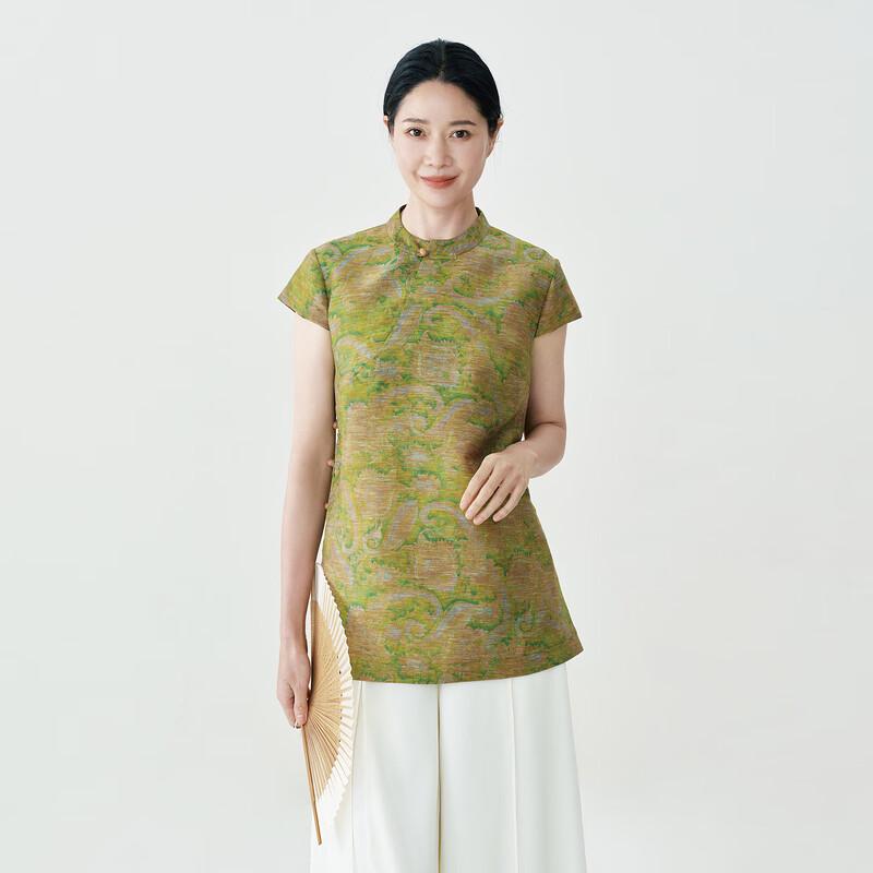 Feinikesi New Chinese Style Mulberry Silk Jacquard Ao Dai Short Sleeve Linen Blouse L