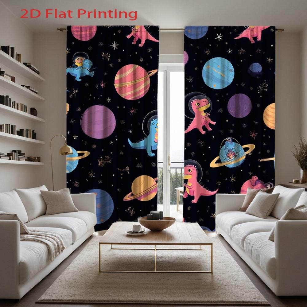 Cute Dinosaur Space Print Curtains Flat Printing Design Semi Transparent Polyester Fabric Vibrant Cartoon Set Of 2 Made With Rod Pocket