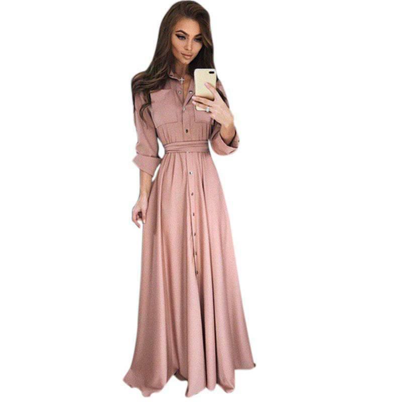 Womens Maxi Dress Long Sleeve Button Down Evening Party Cocktail Shirt Dresses