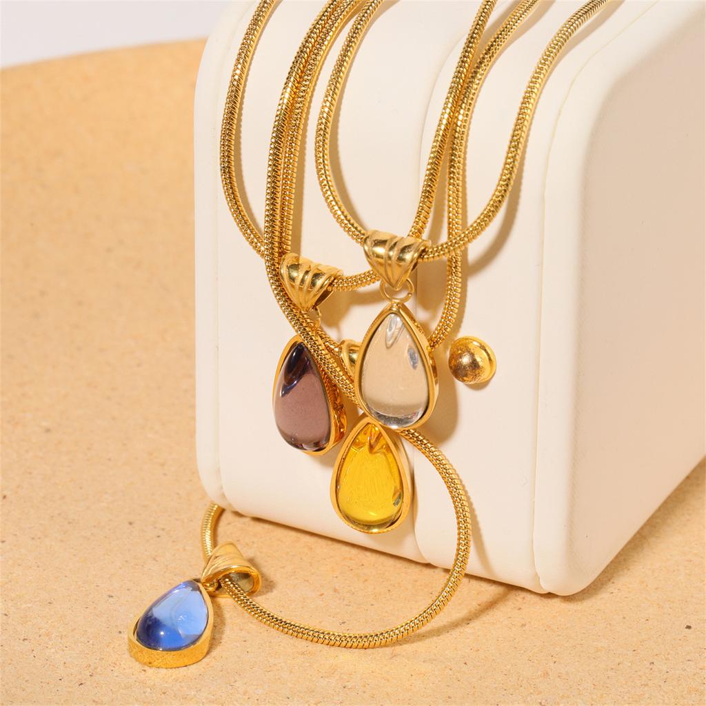 Twelve Birthday Stone Simple and Elegant Water Drop Necklace with Blue Green Ocean Pendant, Collar Chain, Titanium Steel
