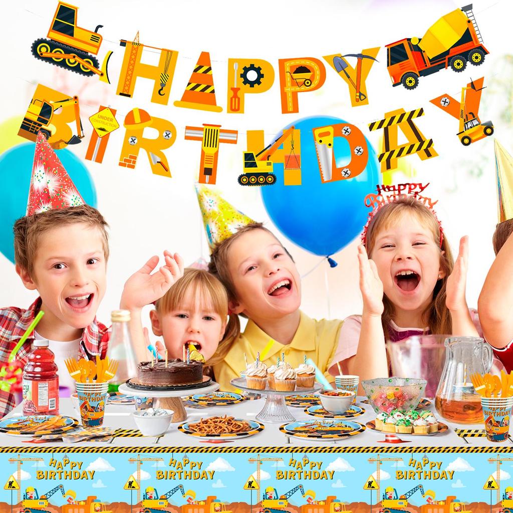 128-teiliges Bauparty-Geschirrset - Baugeburtstagsparty Teller Becher Servietten Tischdecke Banner etc Bauparty-Geschirr