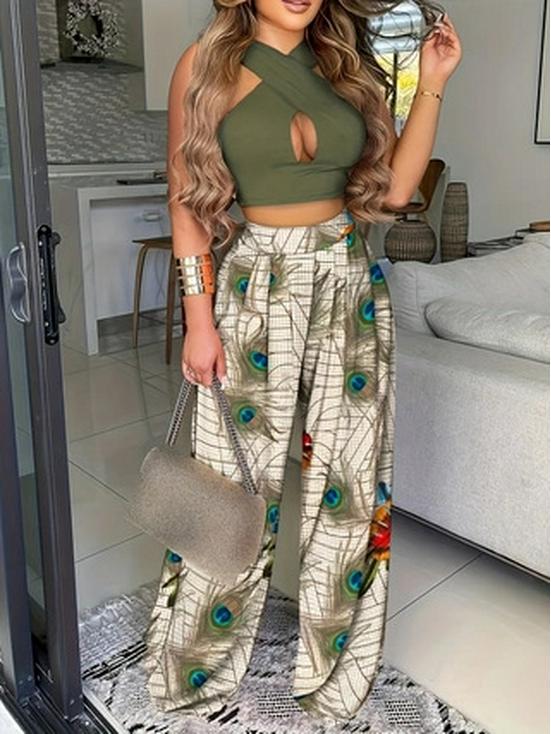 

Брюки широкие с принтом павлиньих перьев, с высокой посадкой – Удобный и стильный европейский/американский дизайн Medium