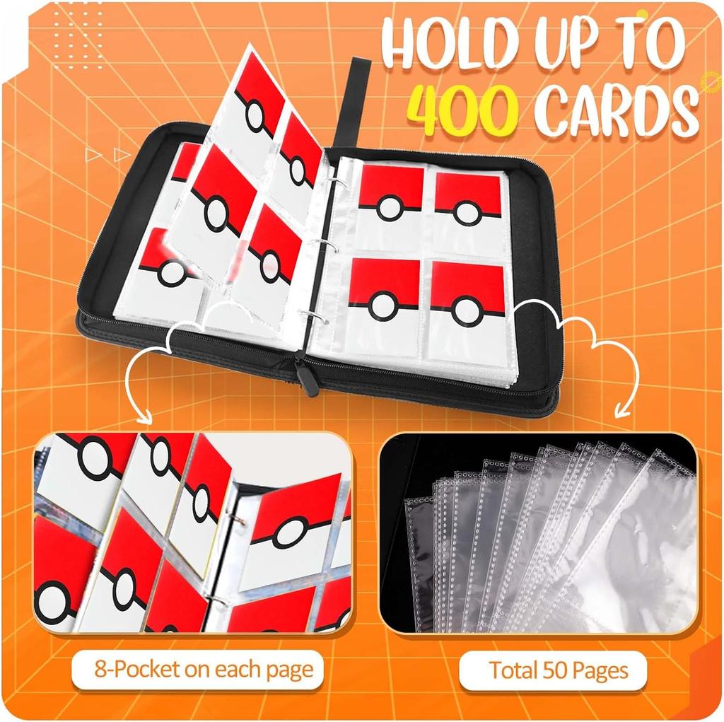 Card Binder 4 Pocket, Trading Card Holder Fits 400 Cards With 50 Removable Sleeves, Portable Collection Card Ablum, Game Card Case book With Zipper