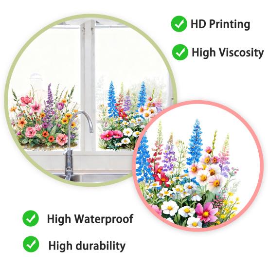 3 Sheets Spring Wildflower Window Clings Colorful Flowers Grass Reusable Static Decals for Home School Office Glass Door Windows
