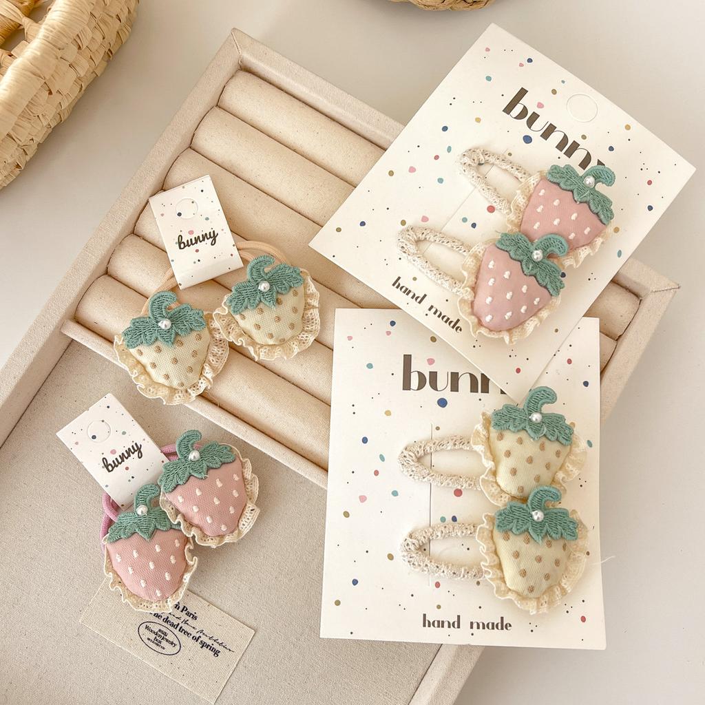 2 Stück/Set Erdbeer-Haarspangen für Baby Mädchen Spitzen-Haarspangen Haarnadeln Pferdeschwanzhalter Gummibänder Kinder Kopfschmuck Haaraccessoires