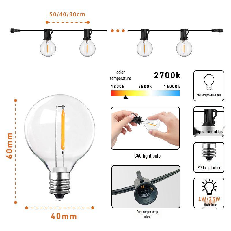 Waterproof G40 Solar Garden String Lights for Outdoor Decoration and Camping
