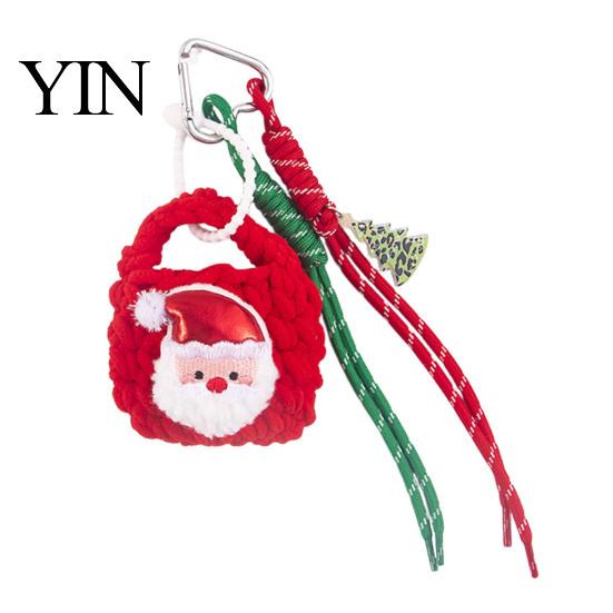 Knitted Holiday Embellishments Christmas Santa Claus Bag Charm, Crochet Keychain Pendant with Key Accessories Faux Leather Star, Xmas Hanging
