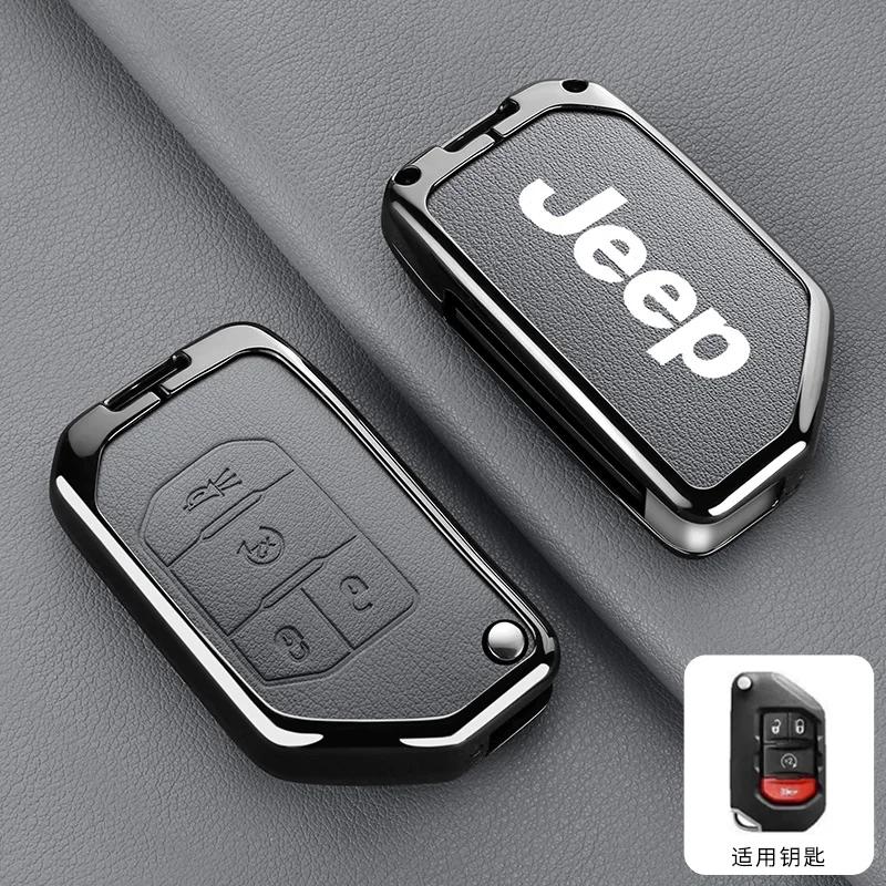 For Jeep Metal Leather Car Key Case Cover Shell Keychain for Jeep Wrangler Gladiator JL JLU Rubicon Sahara JLU JT 2018-2022 A