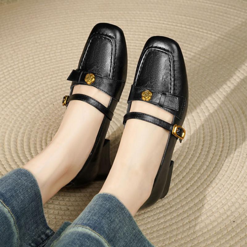 French Thick-heeled Camellia Shallow-mouth Shoes for Women, Spring Retro Mary Jane Leather Shoes