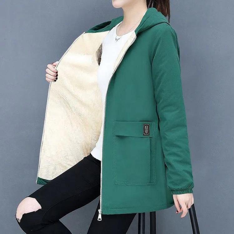 Large Size Women's Hooded Fleece Jacket Long Casual Coats Autumn Fashion Outerwear