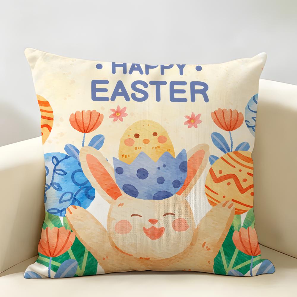 Happy Easter Rabbit Cute Cushion Cover Natural Linen Organic Fabric DoubleSided Printing Room Sofa Decor Pillow Case