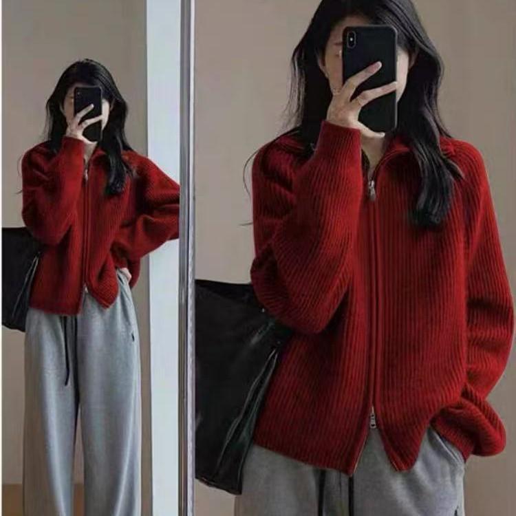 Women's Pure Wool Knit Cardigan: Autumn/Winter 2025, Thickened Lapel, Zipper, Lazy Style Sweater.