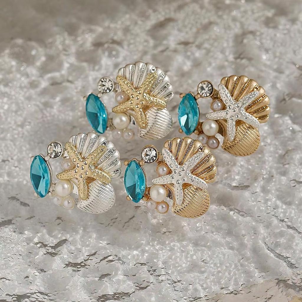 Ensemble 2 Pièces Boucles d'Oreilles Coquillage Étoile de Mer Ensemble Tendre Pierre de Cristal Bleu Imitation Perle Boucles d'Oreilles Pour Femme Bijoux Couleur Froide Brillante