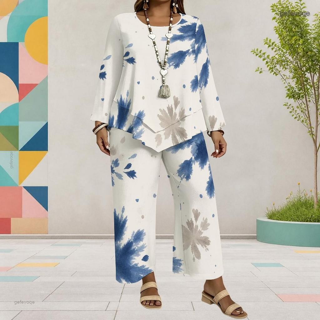 Women Plus Size Round Neck Long Sleeve Printed Layered Top Wide Leg Cropped Pants Two Piece Set