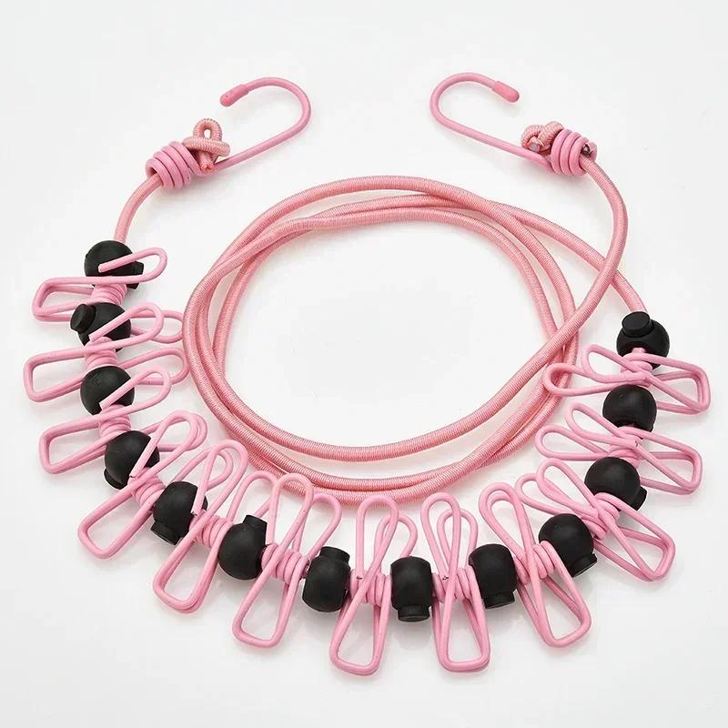 Portable Clothesline with 12 Clips Elastic Retractable Laundry Drying Rope Wind-Proof Clothes Hanging Line for Outdoor