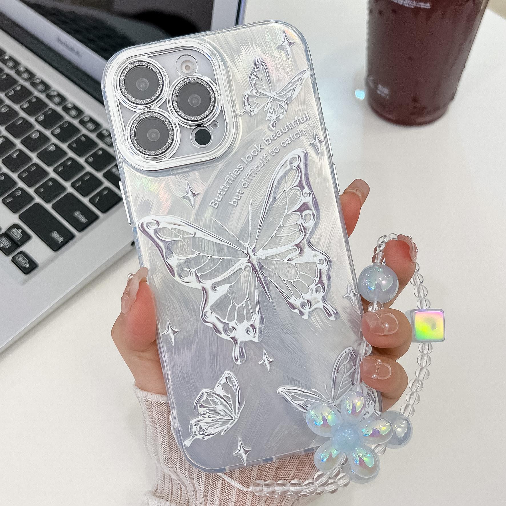 

For IPhone 16E Electroplated Phone Case Butterfly for Apple 15promax with Glitter Lens Film Bracelet New Model For iPhone13Promax