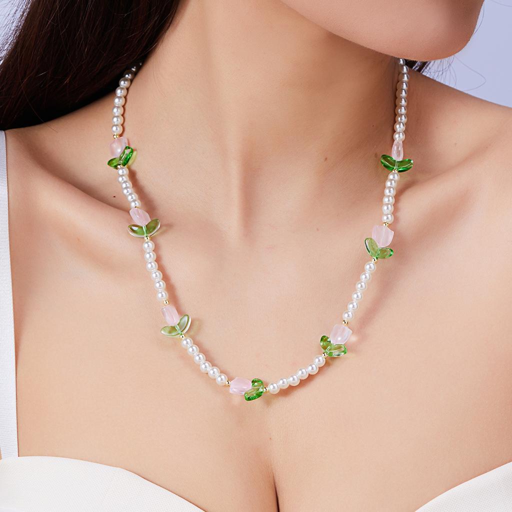 Neues Mode Süßes Tulpenblumen Halskette Armband Set Für Frauen Elegante Perlen Schlüsselbein Kette Halskette Party Schmuck Geschenk
