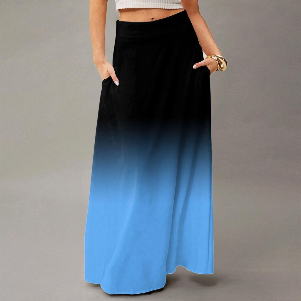Damen Lässig Freizeit Faltbar Farbverlauf Druck Hohe Taille Mit Tasche Drapierter Entspannter Langer Maxi Rock
