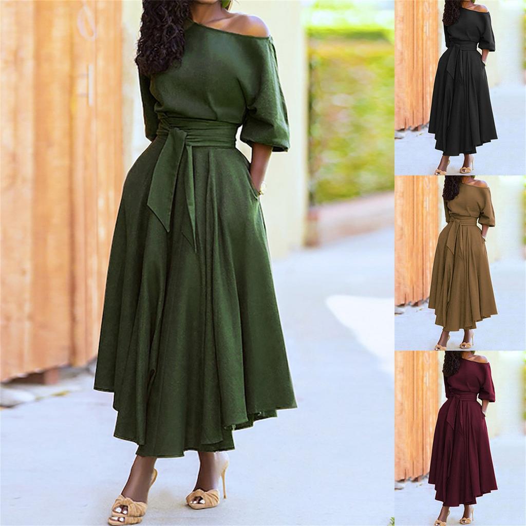 Bandage Dress For Women Waist Dress Shoulder Collar Straps Temperament Solid Women'S Fashion Casual Loose Half Sleeve V Neck Ankle-Leng Dress