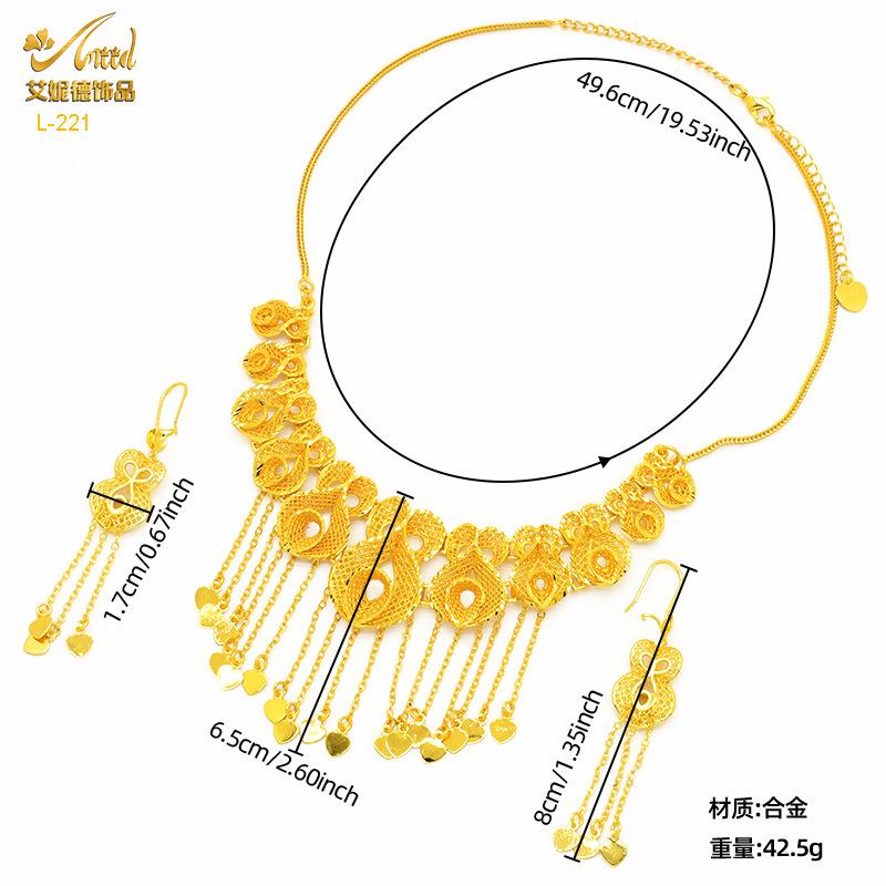 Gold-Plated Brass Flower Necklace & Earrings Set for Women's Wedding Jewelry